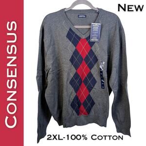 Consensus Mens Argyle Sweater 2XL Gray Red Cotton V-Neck Genuine Classic NEW